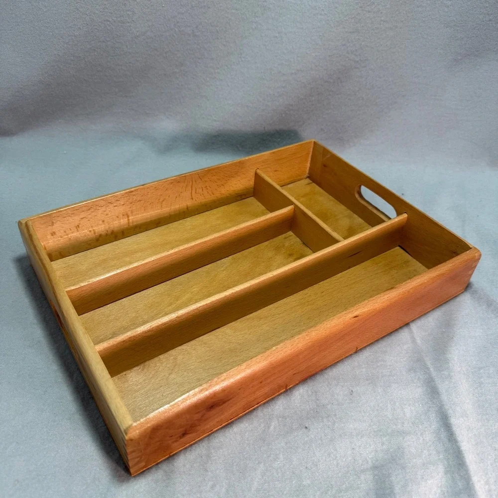 Vintage Wood Cutlery Divided Tray Organizer Silverware Drawer Romania Dovetail